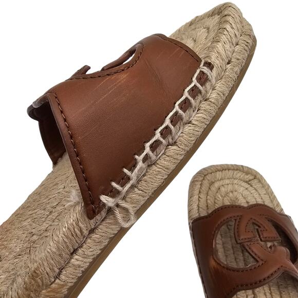 Gucci GG Espadrille Flat Slide Sandal Brown Leather Square Toe Size 37.5 US 7.5 - Picture 10 of 10